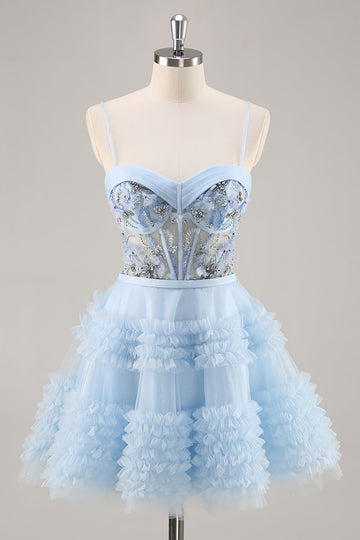 Sparkly Blue Corset Ruffled Short Cocktail Dress with Sequins